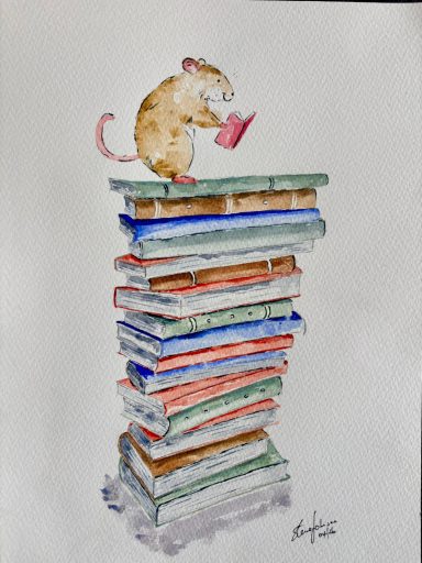 Bookish Mouse on a Tower of Books